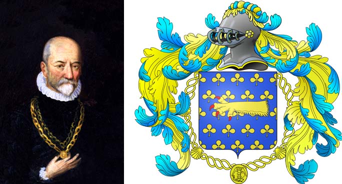 Michel de Montaigne with family crest